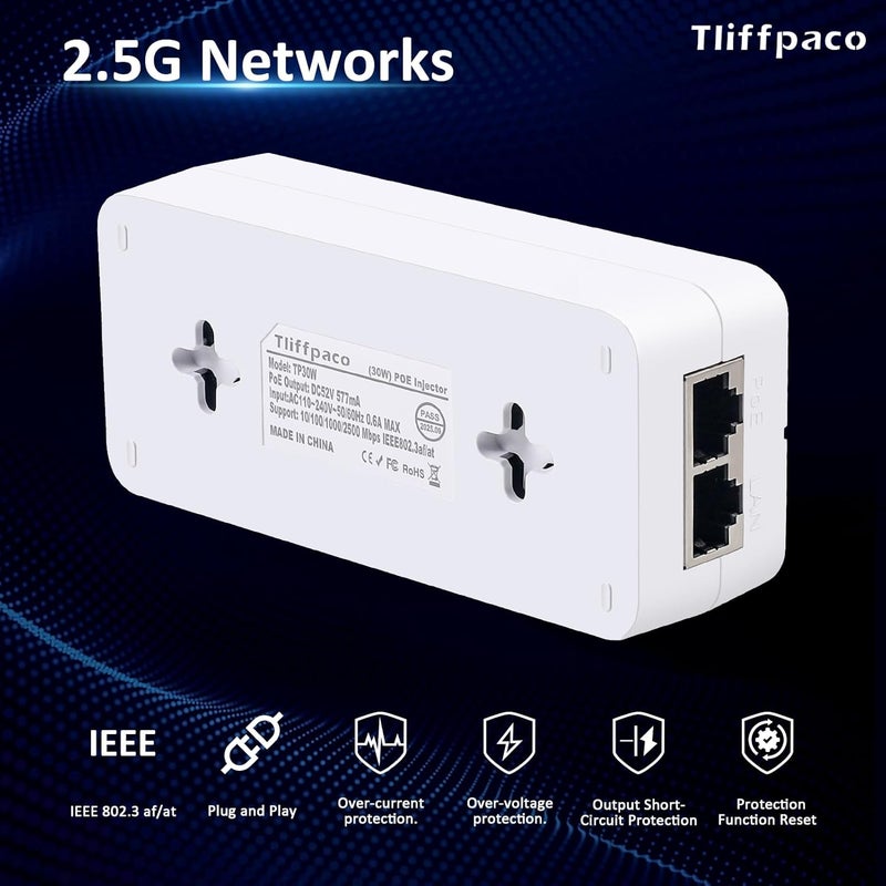 Tliffpaco PoE+ Injector 2.5Gb, Converts Non-PoE to PoE, 100/1000/2500Mbps and 802.3at/af Compliant, Plug & Play, Up to 100m(328 ft), 52V 30W PoE Adapter for IP Camera/IP Phone/Access Control System - Image 4